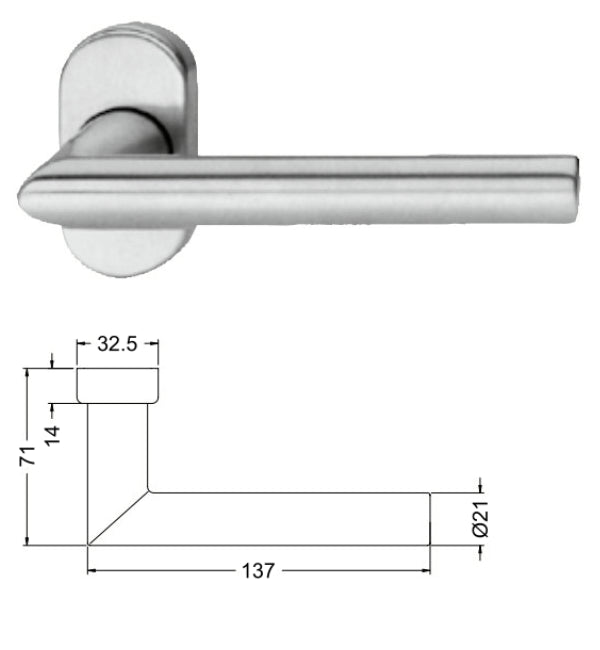 Stainless steel door handle with dimensions on a white background