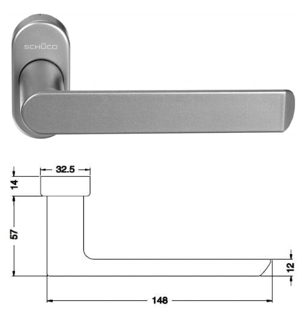 Silver door handle with dimensions on a white background