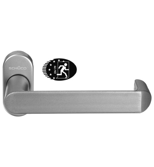 Metal door handle with Schuco logo and certification label on a white background