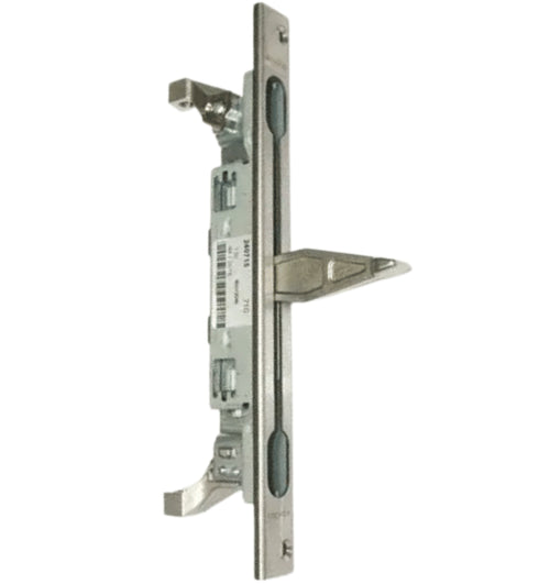 Metal door handle and lock mechanism on a white background