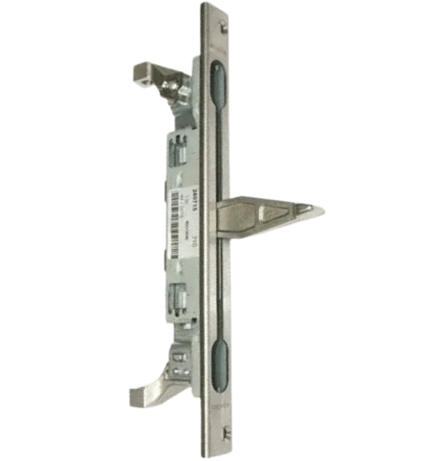 Metal door handle and lock mechanism on a white background