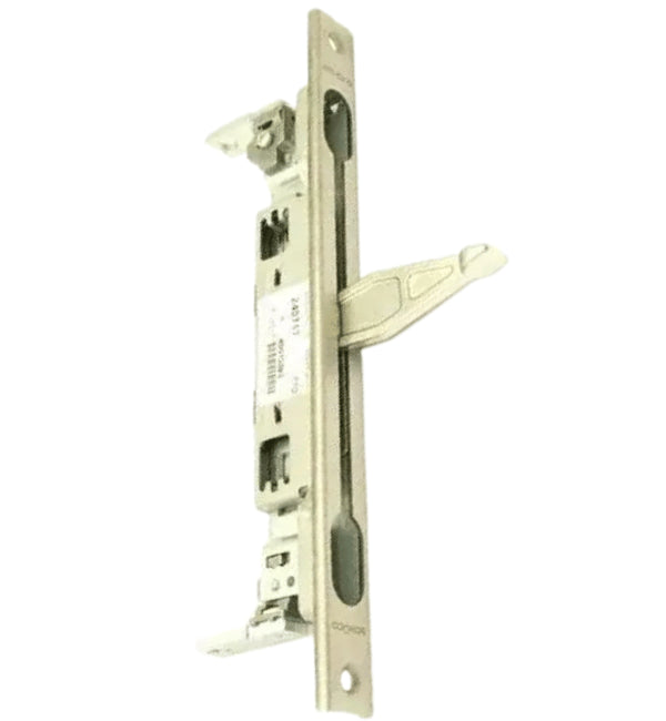 Metal door lock mechanism on a white background