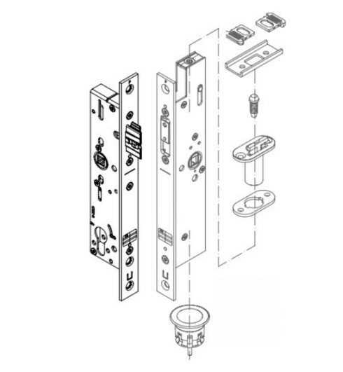 Technical drawing of a door lock mechanism on a white background