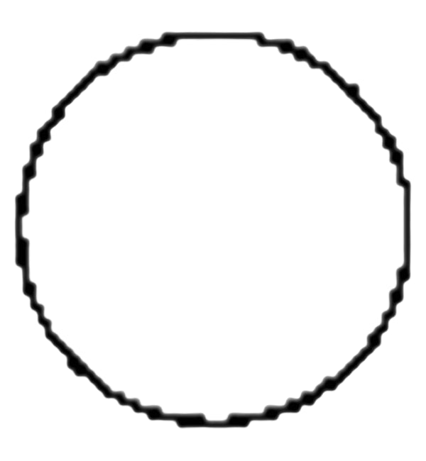 Black circular object with a textured edge on a white background