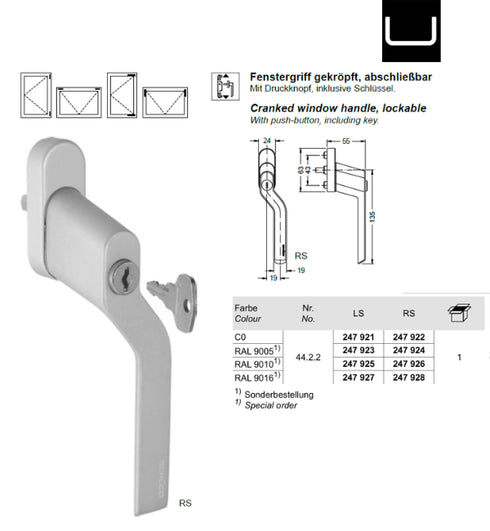Schuco 247921 LS -Cranked Window Handle Lockable Silver