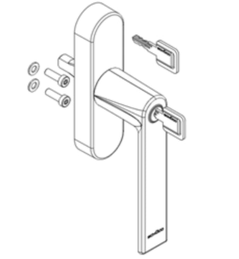 Door handle assembly with screws on a white background