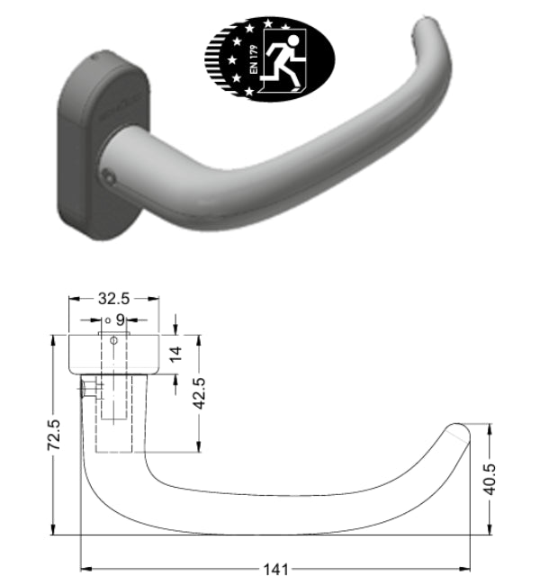 Gray door handle with dimensions and certification logo on a white background