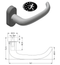 Gray door handle with dimensions and certification logo on a white background