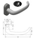 Gray door handle with dimensions and certification logo on a white background
