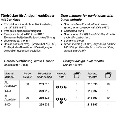 Technical specifications and product details for door handles with 9 mm spindle on a white background