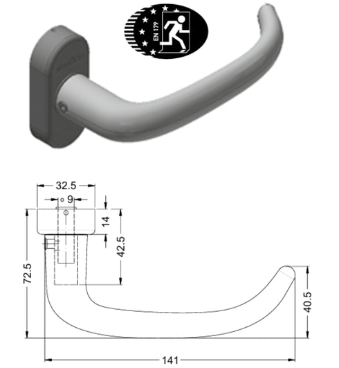Handrail with dimensions and certification logo on a white background