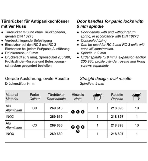 Technical specifications and product details for door handles with 9 mm spindle on a white background