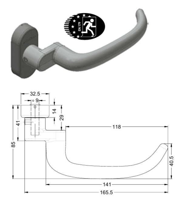 Door handle with dimensions and certification logo on a white background