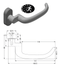 Door handle with dimensions and certification logo on a white background