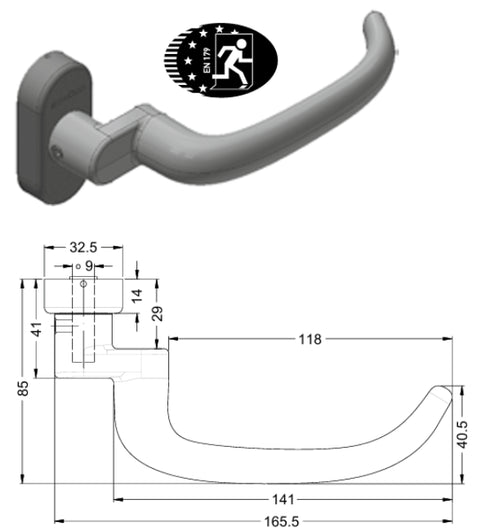 Door handle with dimensions and certification logo on a white background