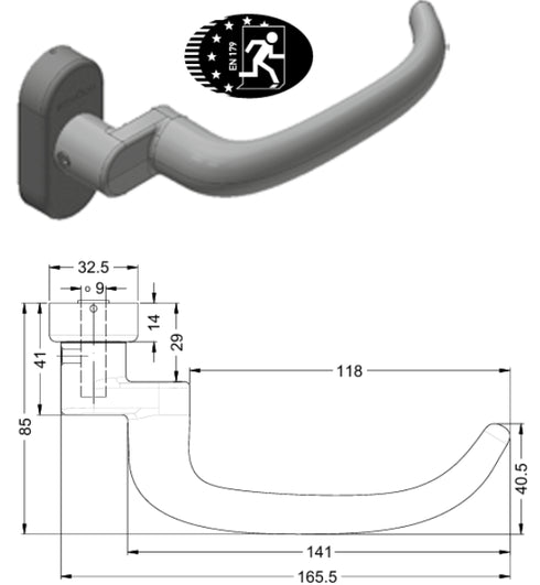 Door handle with dimensions and EN1975-1 certification logo on a white background