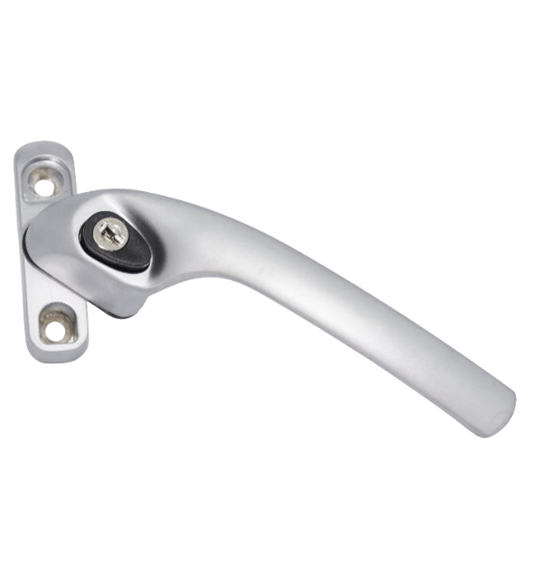 Silver window handle with key lock on a white background