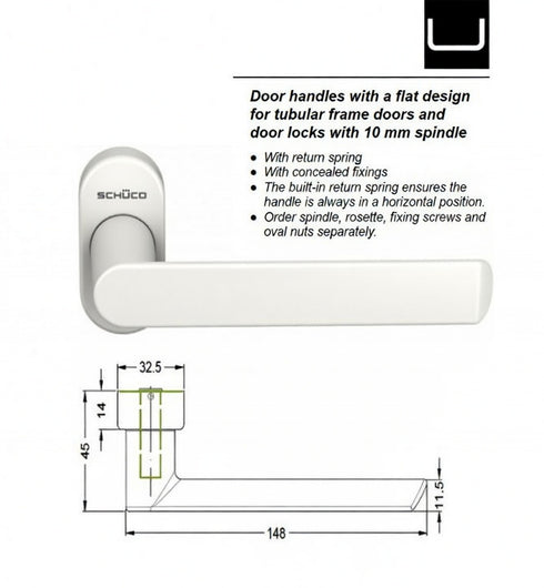 White door handle with technical specifications and dimensions on a white background
