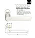 White door handle with technical specifications and dimensions on a white background
