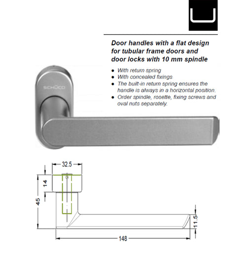 Silver door handle with specifications on a white background