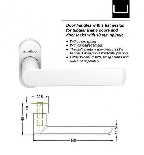 Door handle with flat design for tubular frame doors and door locks with 10 mm spindle, featuring Schuco branding.