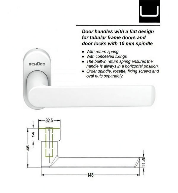 Door handle with flat design for tubular frame doors and door locks with 10 mm spindle, featuring Schuco branding.