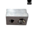 Metallic block with two cylindrical holes on a white background