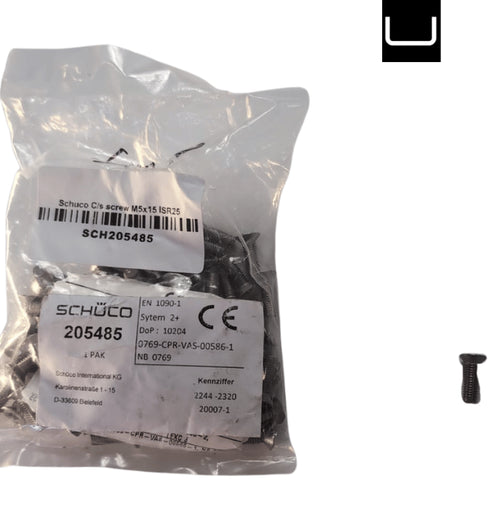 Packaged screws with Schüco labels on a white background