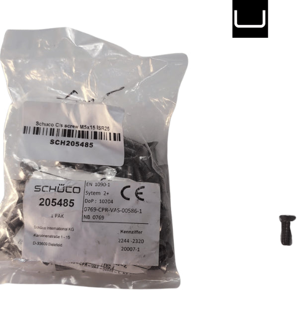 Packaged screws with Schüco labels on a white background
