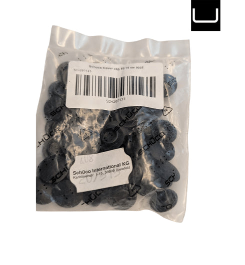 Packaged black rubber grommets with Schüco International KG label on a white background