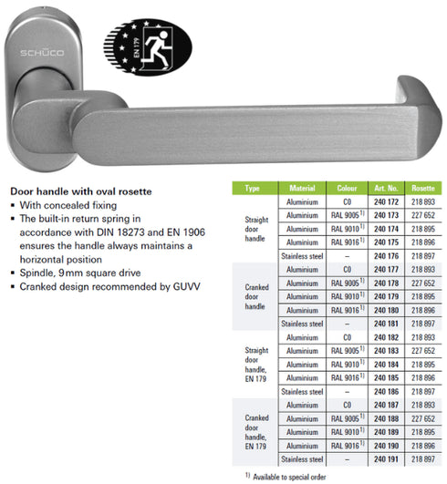 Schuco door handle with oval rosette and product specifications on a white background