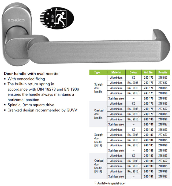 Schuco door handle with oval rosette and product specifications on a white background