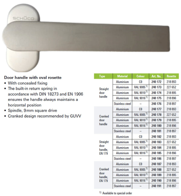 Schuco Door Handle with Oval Rosette Aluminium C0 - Straight Door Handle