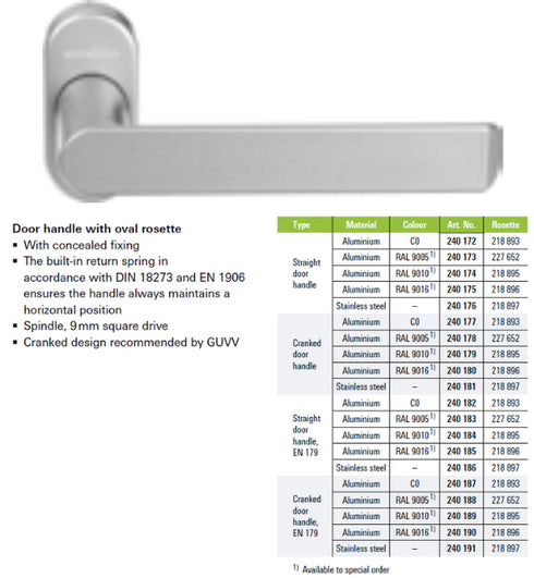 Door handle with oval rosette and product specifications on a white background