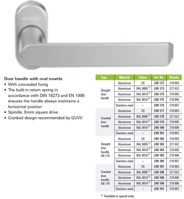 Door handle with oval rosette and product specifications on a white background