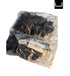 Bag of black plastic parts with a barcode label on a white background