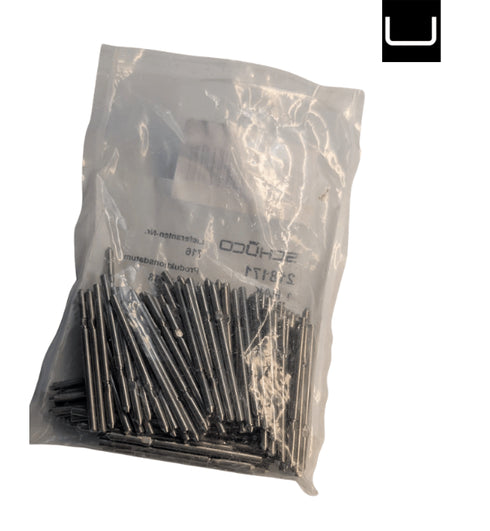 Bag of black metal pins with a visible brand logo on a white background