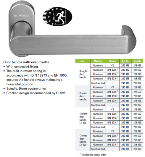 Schlage door handle with oval rosette and product specifications on a white background
