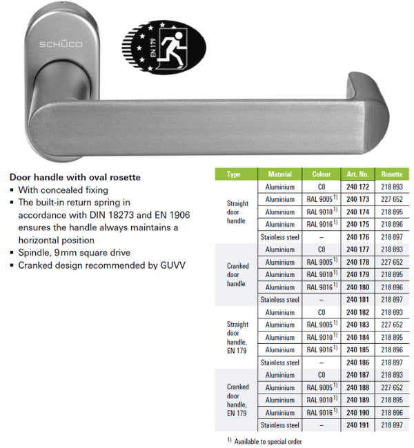 Schlage door handle with oval rosette and product specifications on a white background