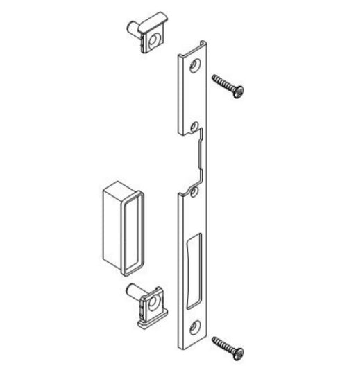 Set of door hardware components on a white background