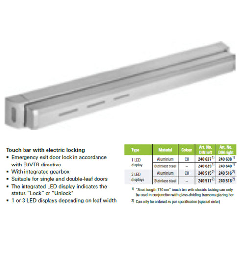 Touch bar with electric locking system on a white background