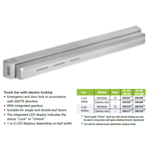 Touch bar with electric locking system on a white background