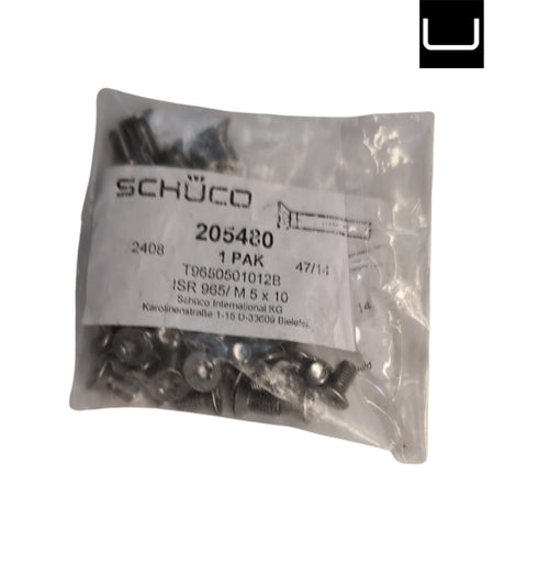 Packaged Schüco hardware components on a white background