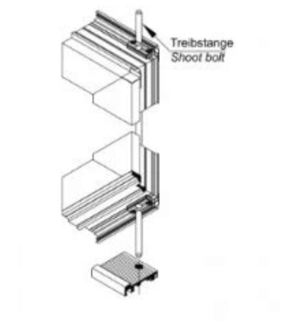 Technical drawing of a mechanical component labeled 'Treibstange Shoot bolt' on a white background.