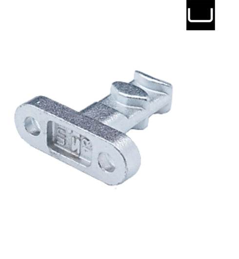 Metallic T-shaped component with 'S' logo on a white background