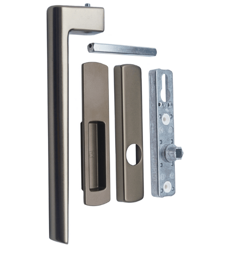Set of door handles and lock components on a white background