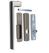 Set of door handles and lock components on a white background