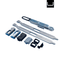 Set of metal tools and components on a white background