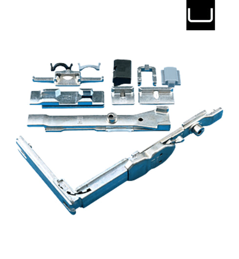 Set of metal window cleaning tools on a white background