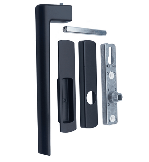 Set of black door handles and lock components on a white background